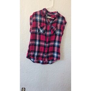 BeachLunchLounge Plaid Sleeveless Top Button Down Casual Shirt S‎